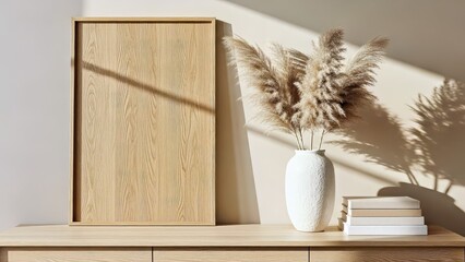 Minimalist Interior Pampas Grass Vase Books and Empty Frame Mockup Neutral Tones.jpg