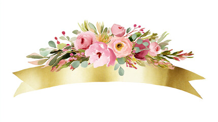 Watercolor flowers crown a gold ribbon banner for elegant announcements.
