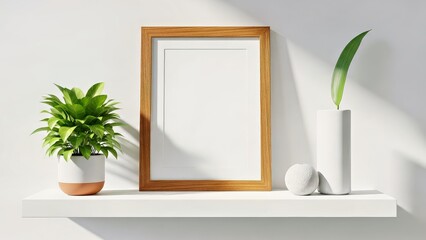 Minimalist Shelf Decor With White Pot Plant Framed Canvas and Vase With Green Leaf.jpg