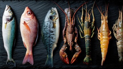 Assorted seafood arrangement: fresh fish, lobster, and prawns on slate background.
