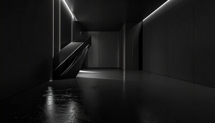 Empty dark corridor interior with a long perspective of light coming through an open door at the end of a building hallway