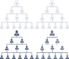 Organizational charts with people icons in different colors and styles on white background