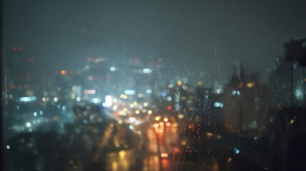 Rain-soaked window overlooking city night lights bokeh.