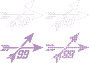 Purple arrow designs with ninety nine number in different styles and patterns