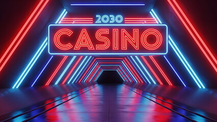 las vegas sign, blue neon lights, neon casino sign, Futuristic 2030 Neon Corridor Tunnel with Glowing Red and Blue Lights