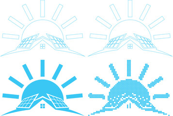 Solar energy icons with sun and house and solar panels in various styles and colors