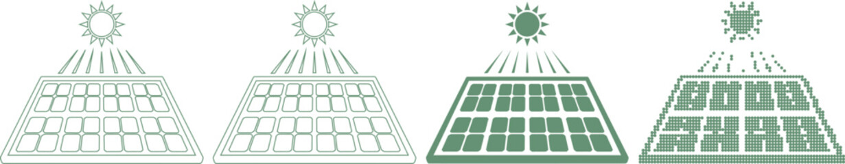 Solar panels with sun rays in different shades of green color