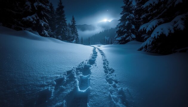 Snowy mountain trail with footprints leading through winter landscape at blue hour