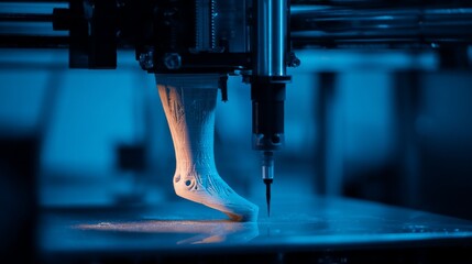 A robotic arm creates a detailed leg prosthetic, building the form layer by layer in a close-up, blue-lit scene