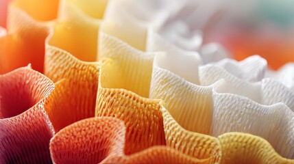 Close-up of layered, textured, fabric in warm hues. Gradient of orange, yellow, and white, creating a ripple effect