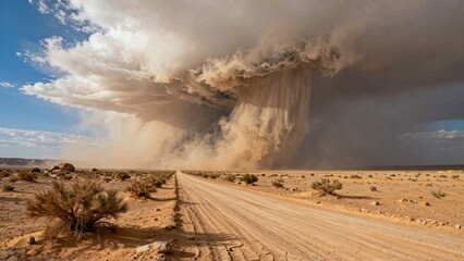Dust storm over desert road with sparse vegetation
