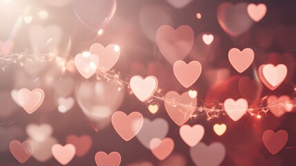 Shimmering hearts bokeh background with soft warm light, evoking feelings of love and romance