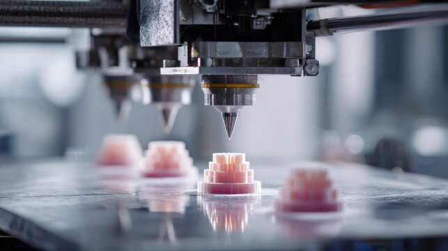 Automated device precisely layers material, constructing identical, tiered forms. Close-up of print heads focused on the output