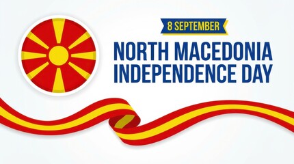 north macedonia independence day background with round emblem of the national flag on white space bold typography with the text clean modern design copy space