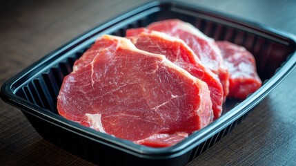 Fresh raw beef steaks in black tray on wooden surface.