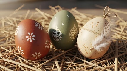 Easter eggs on hay with floral patterns