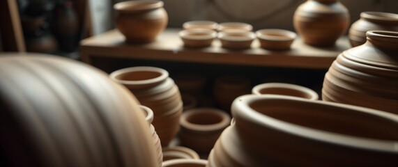 Beautiful collection of handcrafted clay pots and pitchers displayed in a pottery studio, showcasing the artistry and craftsmanship of ceramics. The soft focus enhances the creative atmosphere
