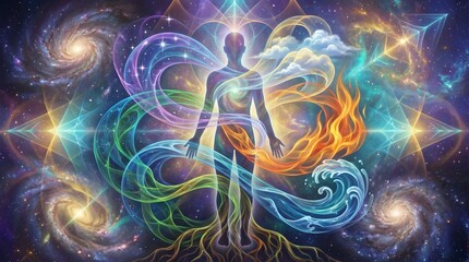 Achieving elemental alignment by balancing the energies of earth, air, fire, water, and spirit within oneself and nature.