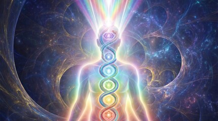 The powerful and transformative awakening of Kundalini energy, visualized as a coiled serpent rising up the spine through the chakras.