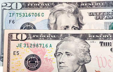 Fragment 10 and 20 dollar bills closeup