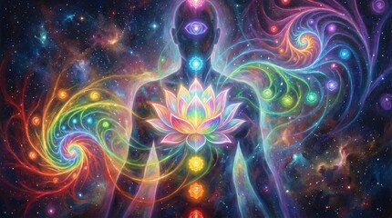 A mystical lotus flower blooming at each chakra point along the spine, symbolizing spiritual purity, awakening, and potential.