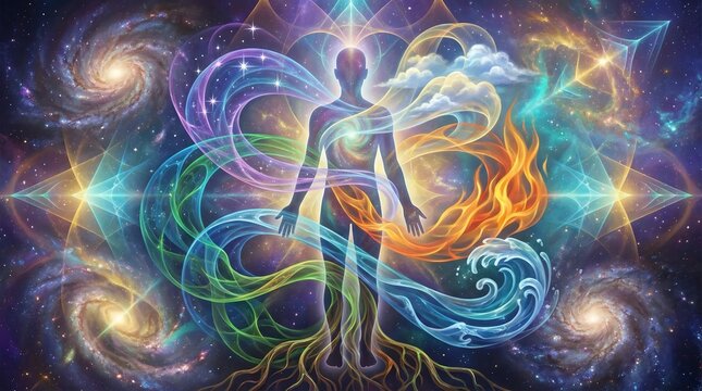 Achieving elemental alignment by balancing the energies of earth, air, fire, water, and spirit within oneself and nature.