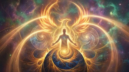 A powerful symbolic scene of spiritual rebirth, with a person emerging from water, light, or an egg, completely renewed and transformed.