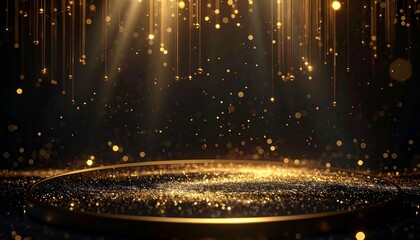 Golden Stage of Elegance: A luxurious stage, enveloped in a radiant cascade of golden light and shimmering particles, exudes an atmosphere of sophistication and prestige.