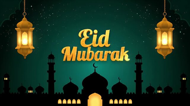Eid Mubarak greeting with a mosque and lanterns at night.