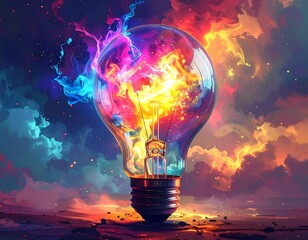 Vivid illustration of a light bulb exploding with vibrant cosmic energy