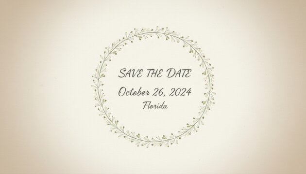save the date minimalist vertical invitation poster template illustration template featuring simple wreath around scripted date placeholder on light neutral background with subtle vignette
