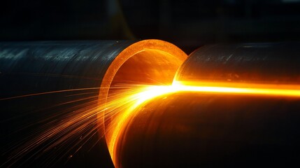 Close-up of a hot metal tube being cut, with bright orange sparks flying from the point of contact in a dark environment