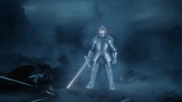 Horror fantasy ghostly knight glowing eyes ethereal sword standing ancient battlefield, fog, broken armor, drifting smoke ghostly shapes. Cinematic dynamic lighting flickering sword sparks dark horror