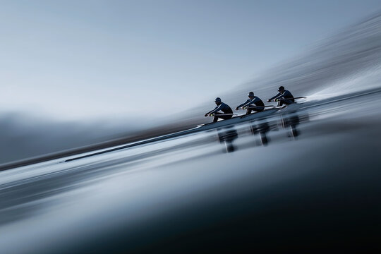 Three rowers sprint through blurred water, conveying teamwork, speed, and discipline.