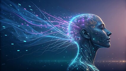Futuristic artificial intelligence concept with glowing digital brain and light trails flowing from a female profile.