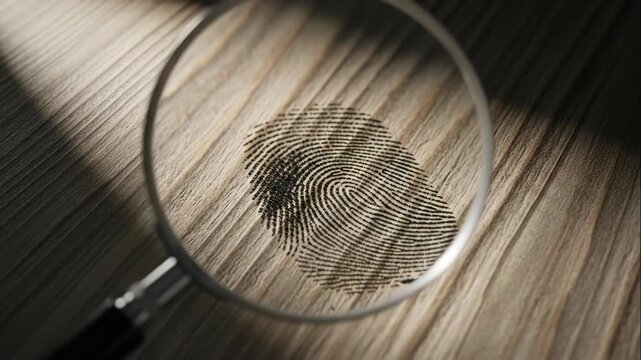 Magnifying glass examining a fingerprint on a wooden surface for forensic criminal investigation and police work