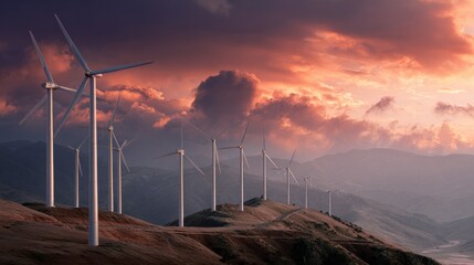 Silhouetted wind turbines atop a ridge against a fiery sunset sky, with rolling hills in the background