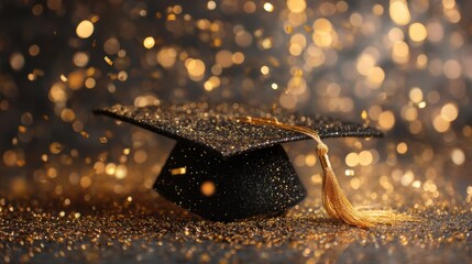 Sparkling graduation cap with glittering background.