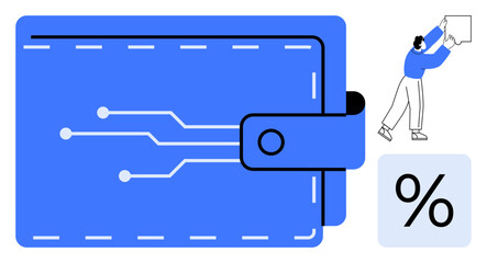 Digital wallet concept. Digital wallet with circuit design and discount symbol electronic payments. Digital wallet solutions for fintech, online shopping, savings, ecommerce, and finance