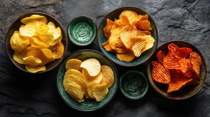 Assorted potato chips in rustic bowls on dark slate surface.