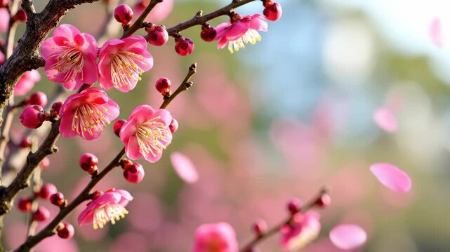 Pink plum blossom tree animated with falling petals. Early spring bloom with delicate flower buds for nature background.