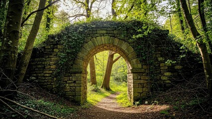 Old Stone Archway in Lush Green Forest Pathway Sunlight Nature Scene.jpg