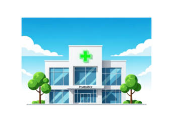 flat vector illustration of a modern minimalist white pharmacy building with an illuminated green cross, geometric windows, and stylized trees, isolated on a white background. concept of modern