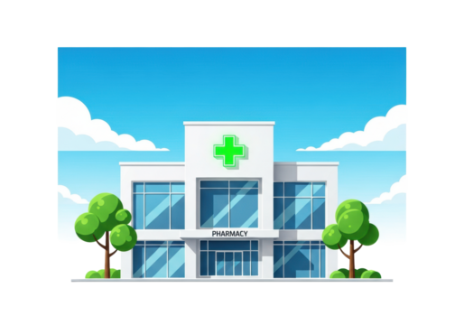 flat vector illustration of a modern minimalist white pharmacy building with an illuminated green cross, geometric windows, and stylized trees, isolated on a white background. concept of modern - Powered by Adobe