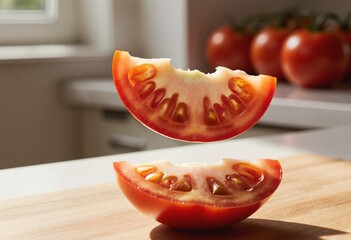 Fresh tomato slice floats above a wooden surface with whole tomatoes visible in the background