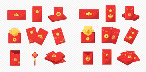 Set of traditional Chinese red envelopes with gold coins and decorations for lunar new year celebrations.