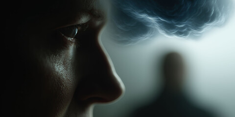 Side profile faces dark silhouette behind, conveying fear and anxiety.