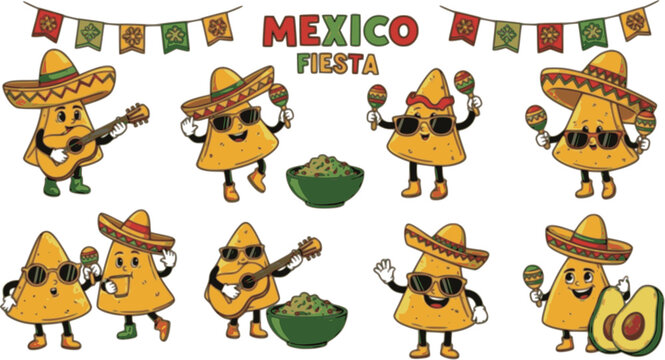 Groovy mexican nachos chips characters at Mexico fiesta party, vector corn tortilla food. Cartoon groovy hippie nacho chips with sombrero hats, guitar, avocado guacamole, maracas and sunglasses
