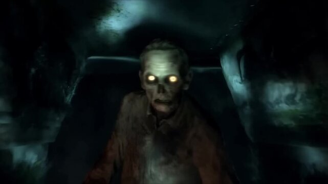 Creepy zombie corridor living shadows, fog curling feet, glowing decayed eyes, darkness pulsating alive, cinematic horror animation, horror fantasy style, highly detailed textures, 4K cinematic video