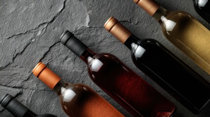 Assorted bottles of red and white wine displayed on dark stone surface.